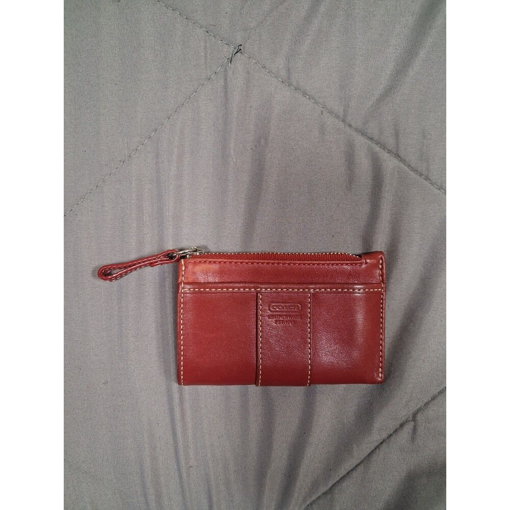 COACH Red Leather Card Holder Coin Pouch Zip Wallet